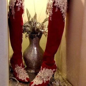 "FRANCES" Red & White Beaded Lace OTK Boots Sample Size 8